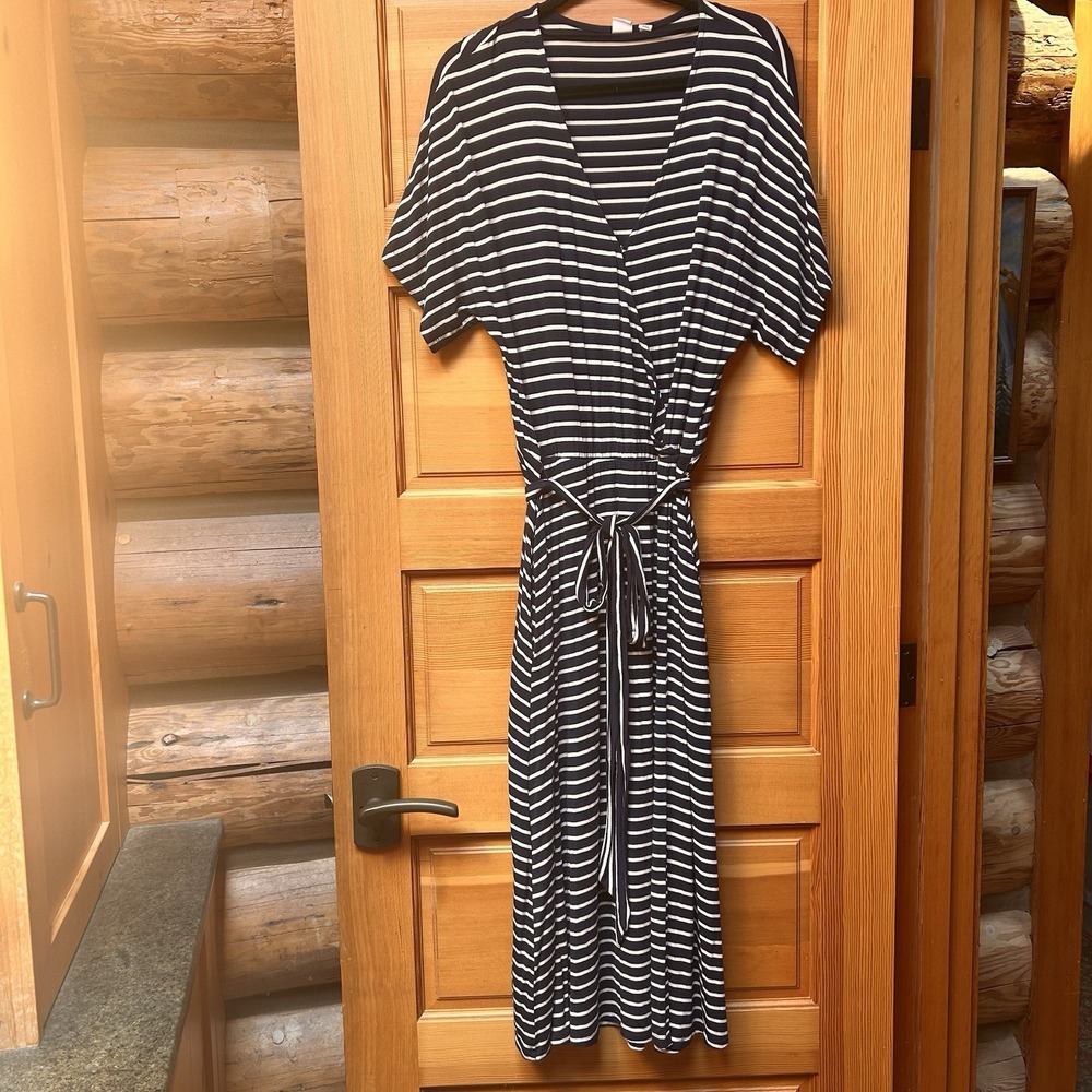 Gap Womens Size Medium Tall Blue White Stripe Faux Wrap Maxi Dress Nautical
